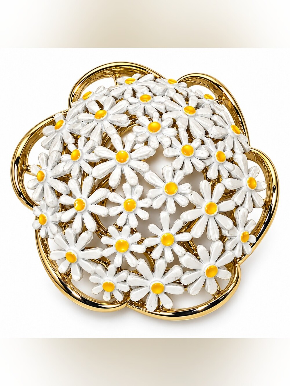Vintage White Enamel Daisy Floral Brooch Gold Tone 1.5"Beautiful vintage-style
